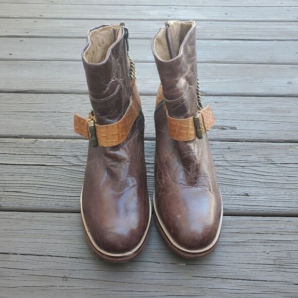 Lucchese Spirit Rachel 2 Tone Brown Tan Leather Harness Western Cowgirl Boots - Picture 4 of 9